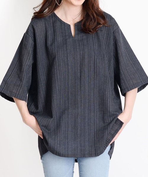MARAI(マーライ)の「五分袖 半袖 キーネックTシャツ エスニックシャツ(Tシャツ/カットソー・レディース・オレンジ/カーキ/ネイビー/グレー/ブラウン/ブラック/パープル/ダークグリーン/ワイン/キャメル/ライトグリーン/クリーム・MEDIUM/LARGE)」の8枚目の写真