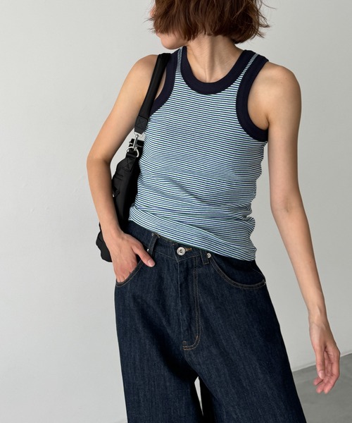 CANAL JEAN（キャナルジーン）の「PLAN　マルチボーダーパイピングタンク（タンクトップ・レディース・ブルー/グリーン・ONE SIZE）」の2枚目の写真