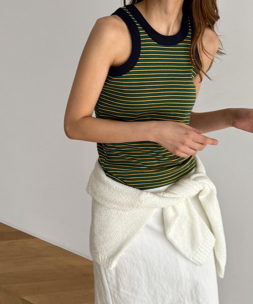 CANAL JEAN（キャナルジーン）の「PLAN　マルチボーダーパイピングタンク（タンクトップ・レディース・ブルー/グリーン・ONE SIZE）」の3枚目の写真