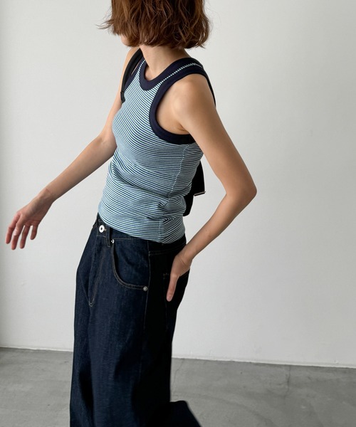 CANAL JEAN（キャナルジーン）の「PLAN　マルチボーダーパイピングタンク（タンクトップ・レディース・ブルー/グリーン・ONE SIZE）」の6枚目の写真