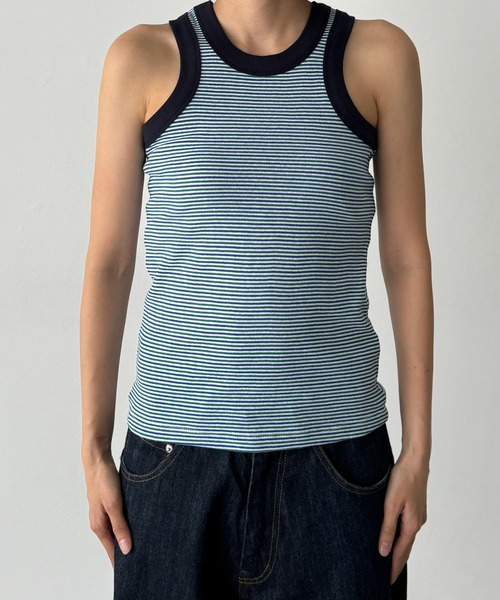 CANAL JEAN（キャナルジーン）の「PLAN　マルチボーダーパイピングタンク（タンクトップ・レディース・ブルー/グリーン・ONE SIZE）」の9枚目の写真