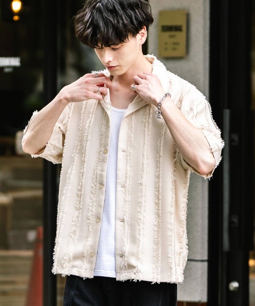 Rocky Monroe(ロッキーモンロー)の「オーバーサイズ フリンジストライプジャガード半袖開襟シャツ(シャツ/ブラウス・メンズ・ブラック/アイボリー/カーキ・M/L)」の12枚目の写真