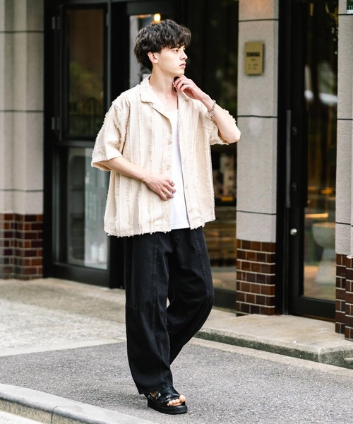Rocky Monroe(ロッキーモンロー)の「オーバーサイズ フリンジストライプジャガード半袖開襟シャツ(シャツ/ブラウス・メンズ・ブラック/アイボリー/カーキ・M/L)」の15枚目の写真