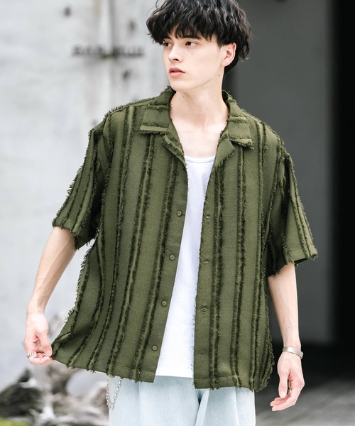 Rocky Monroe(ロッキーモンロー)の「オーバーサイズ フリンジストライプジャガード半袖開襟シャツ(シャツ/ブラウス・メンズ・ブラック/アイボリー/カーキ・M/L)」の22枚目の写真