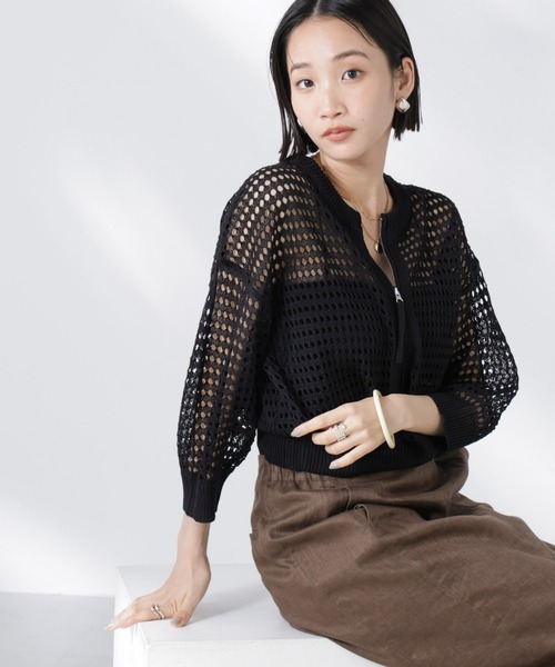 NANO universe（ナノユニバース）の「メッシュニットジップカーディガン（カーディガン/ボレロ・レディース・ピンク/ブラック/オフホワイト・FREE）」の3枚目の写真