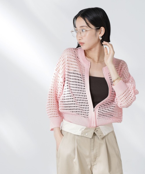 NANO universe（ナノユニバース）の「メッシュニットジップカーディガン（カーディガン/ボレロ・レディース・ピンク/ブラック/オフホワイト・FREE）」の4枚目の写真