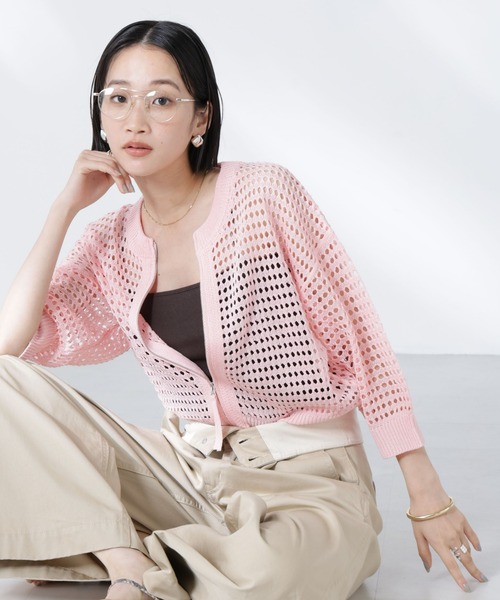 NANO universe（ナノユニバース）の「メッシュニットジップカーディガン（カーディガン/ボレロ・レディース・ピンク/ブラック/オフホワイト・FREE）」の5枚目の写真