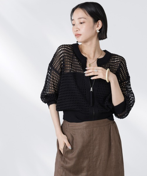 NANO universe（ナノユニバース）の「メッシュニットジップカーディガン（カーディガン/ボレロ・レディース・ピンク/ブラック/オフホワイト・FREE）」の11枚目の写真