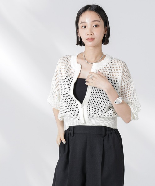 NANO universe（ナノユニバース）の「メッシュニットジップカーディガン（カーディガン/ボレロ・レディース・ピンク/ブラック/オフホワイト・FREE）」の19枚目の写真