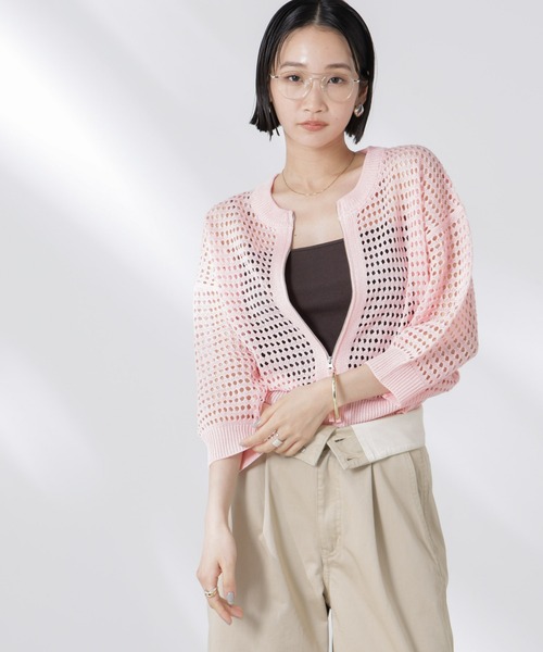 NANO universe（ナノユニバース）の「メッシュニットジップカーディガン（カーディガン/ボレロ・レディース・ピンク/ブラック/オフホワイト・FREE）」の6枚目の写真