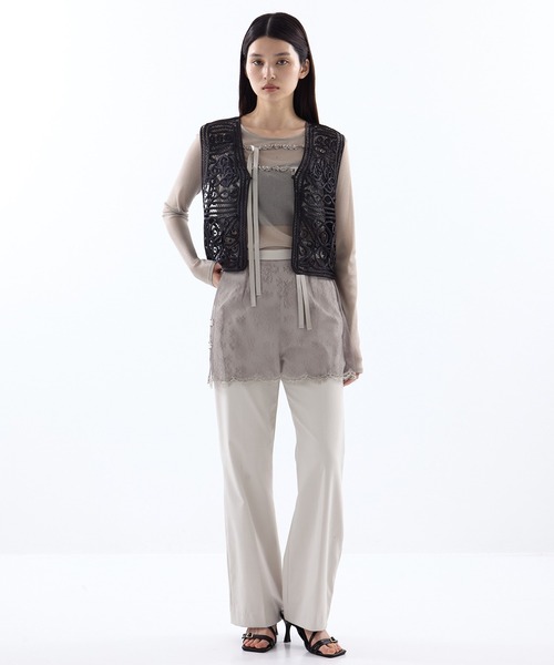 HOUGA（ホウガ）の「【HOUGA/ホウガ】《STUDIOUS別注》SHEER RIBON SKIN TOPS/シアーリボンスキントップス（Tシャツ/カットソー・レディース・ブラック/グレー・FREE）」の7枚目の写真