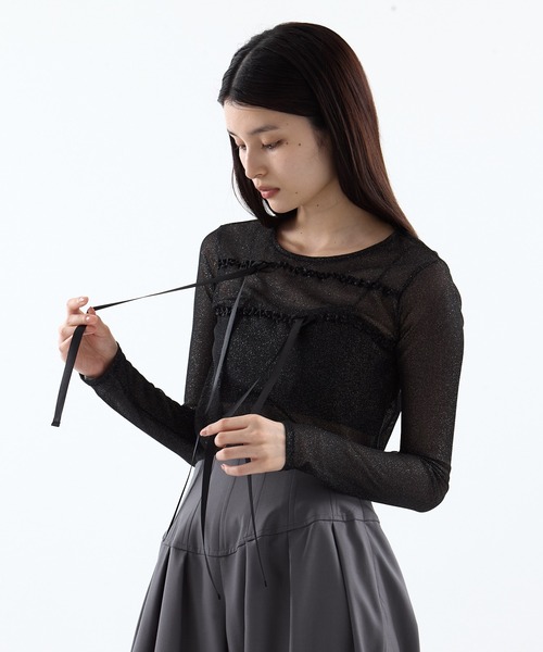 HOUGA（ホウガ）の「【HOUGA/ホウガ】《STUDIOUS別注》SHEER RIBON SKIN TOPS/シアーリボンスキントップス（Tシャツ/カットソー・レディース・ブラック/グレー・FREE）」の21枚目の写真