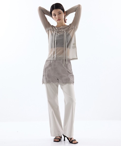 HOUGA（ホウガ）の「【HOUGA/ホウガ】《STUDIOUS別注》SHEER RIBON SKIN TOPS/シアーリボンスキントップス（Tシャツ/カットソー・レディース・ブラック/グレー・FREE）」の3枚目の写真