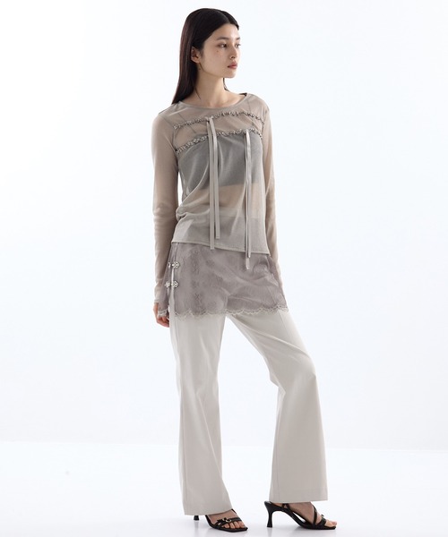 HOUGA（ホウガ）の「【HOUGA/ホウガ】《STUDIOUS別注》SHEER RIBON SKIN TOPS/シアーリボンスキントップス（Tシャツ/カットソー・レディース・ブラック/グレー・FREE）」の4枚目の写真