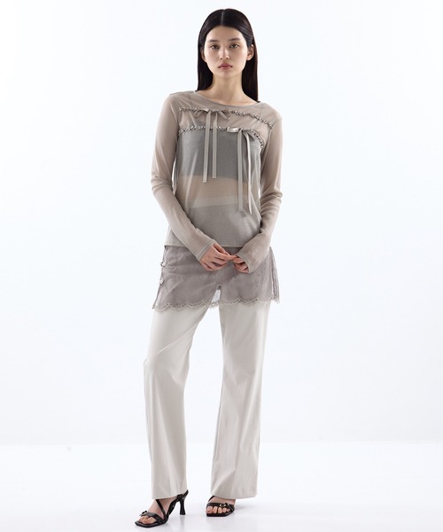 HOUGA（ホウガ）の「【HOUGA/ホウガ】《STUDIOUS別注》SHEER RIBON SKIN TOPS/シアーリボンスキントップス（Tシャツ/カットソー・レディース・ブラック/グレー・FREE）」の5枚目の写真