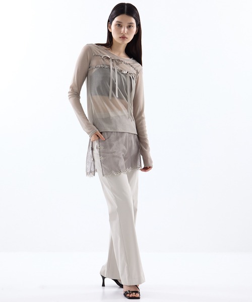 HOUGA（ホウガ）の「【HOUGA/ホウガ】《STUDIOUS別注》SHEER RIBON SKIN TOPS/シアーリボンスキントップス（Tシャツ/カットソー・レディース・ブラック/グレー・FREE）」の6枚目の写真