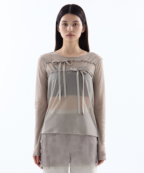 HOUGA（ホウガ）の「【HOUGA/ホウガ】《STUDIOUS別注》SHEER RIBON SKIN TOPS/シアーリボンスキントップス（Tシャツ/カットソー・レディース・ブラック/グレー・FREE）」の9枚目の写真