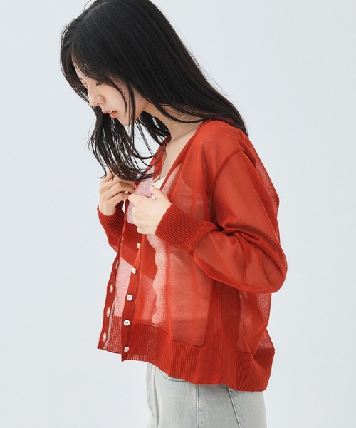 PUBLIC TOKYO(パブリックトウキョウ)の「コットンシアーカーディガン シアートップス(カーディガン/ボレロ・レディース・レッド/ブラック/アイボリー・FREE)」の14枚目の写真