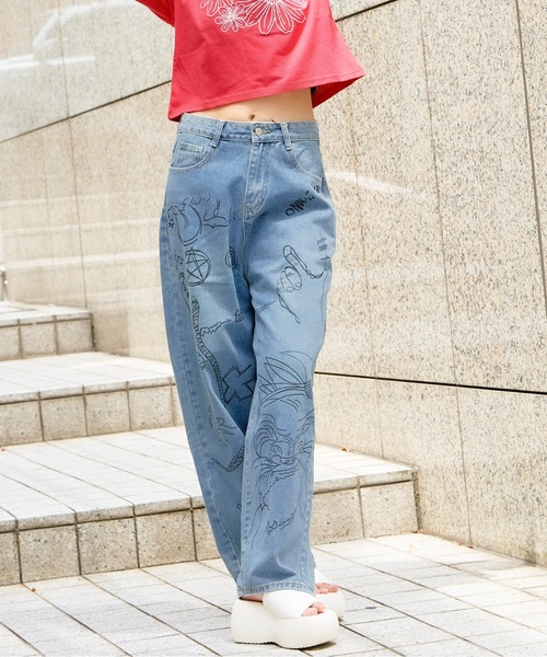 セール】《落書き風プリント×ワイドシルエット》レディース デニム