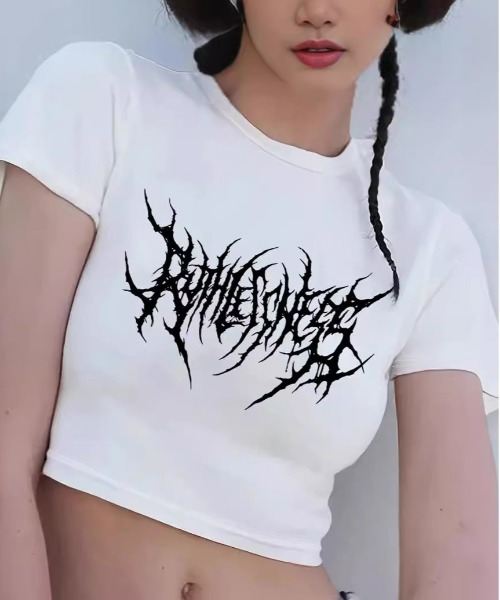 Evo+Revo(エボレボ)の「”ちょい悪&ロック” デスメタルロゴショート丈Tシャツ(Tシャツ/カットソー・レディース・ブラック/ホワイト・M/L)」の1枚目の写真