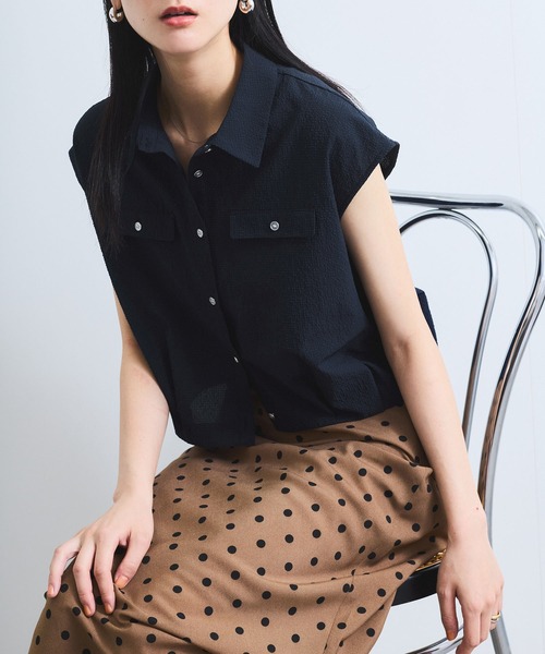 VIS（ビス）の「【UVケア/洗える】フレンチスリーブサッカーブラウス（シャツ/ブラウス・レディース・ホワイト/ブラック系その他/ブルー系その他/ブルー系その他5・FREE）」の3枚目の写真