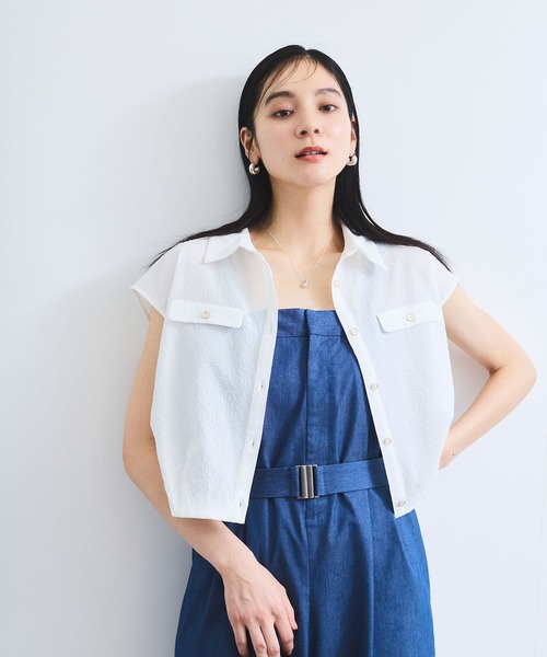 VIS（ビス）の「【UVケア/洗える】フレンチスリーブサッカーブラウス（シャツ/ブラウス・レディース・ホワイト/ブラック系その他/ブルー系その他/ブルー系その他5・FREE）」の2枚目の写真