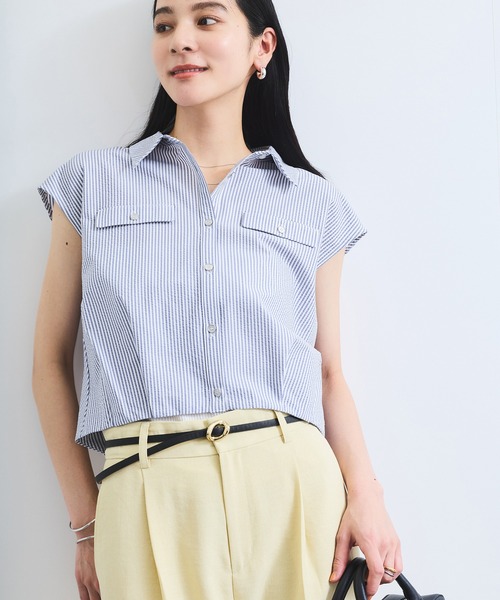 VIS（ビス）の「【UVケア/洗える】フレンチスリーブサッカーブラウス（シャツ/ブラウス・レディース・ホワイト/ブラック系その他/ブルー系その他/ブルー系その他5・FREE）」の4枚目の写真