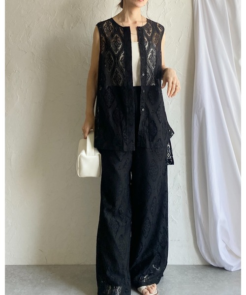 She's Closet(シーズクローゼット)の「ノースリーブラッセルレースジレブラウス&パンツスタイル上下セットアップ(セットアップ・レディース・アイボリー/ブラック・FREE)」の6枚目の写真