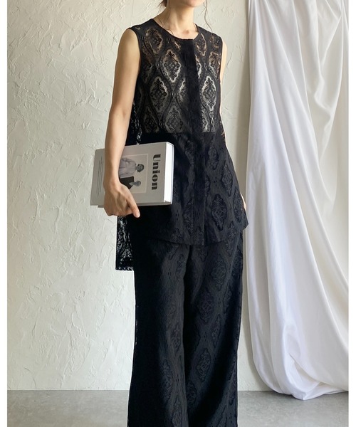 She's Closet(シーズクローゼット)の「ノースリーブラッセルレースジレブラウス&パンツスタイル上下セットアップ(セットアップ・レディース・アイボリー/ブラック・FREE)」の10枚目の写真