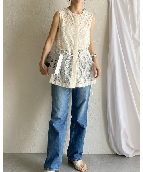 She's Closet(シーズクローゼット)の「ノースリーブラッセルレースジレブラウス&パンツスタイル上下セットアップ(セットアップ・レディース・アイボリー/ブラック・FREE)」の15枚目の写真
