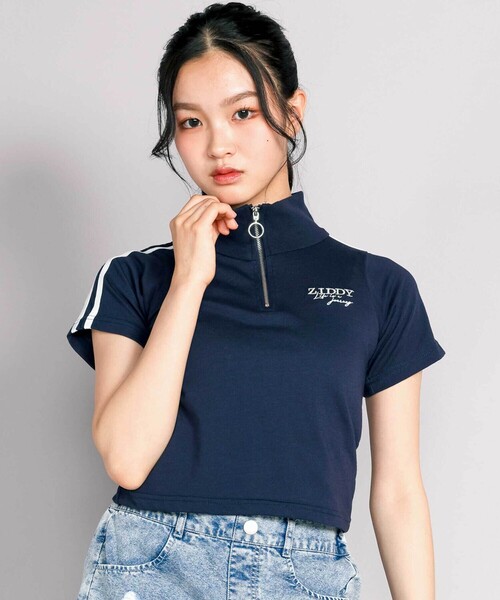 ZIDDY(ジディ)の「【接触冷感】ハーフジップトップス(Tシャツ/カットソー・キッズ・ネイビー/ホワイト・150cm/FREE/140cm/130cm)」の2枚目の写真