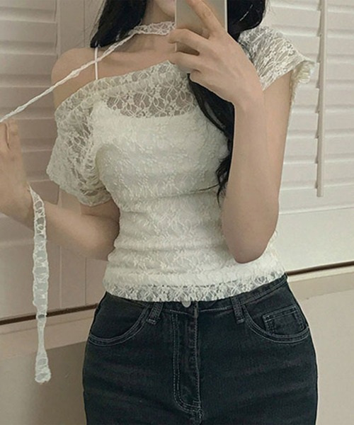 LYEON（リヨン）の「チョーカータイ付きレースオフショルトップス（Tシャツ/カットソー・レディース・オフホワイト/ブラック・FREE）」の10枚目の写真