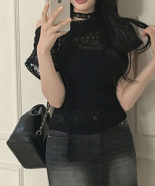 LYEON（リヨン）の「チョーカータイ付きレースオフショルトップス（Tシャツ/カットソー・レディース・オフホワイト/ブラック・FREE）」の11枚目の写真