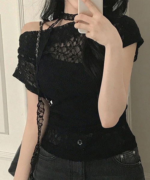 セール】チョーカータイ付きレースオフショルトップス（Tシャツ