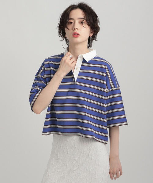 GEORGE'S(ジョージズ)の「ボーダーラガーシャツ(Tシャツ/カットソー・レディース・グリーン/オフホワイト/ブルー・MEDIUM/SMALL)」の1枚目の写真