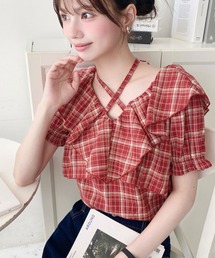 【swankiss】チェック　ショート　ジャケット　ブラウス　可愛い　赤 af43cca2c06548eb00fc6f8f77404c