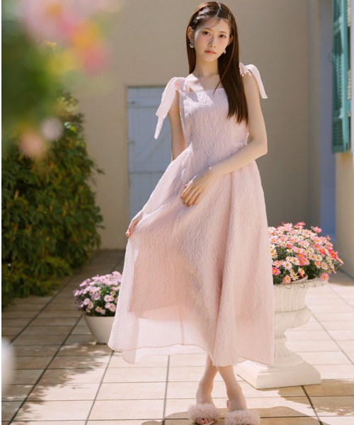 rirenda リレンダ フリルカーディガン付きワンピース 薄ピンク 新品未使用 rienda | ニットカーディガンセットドットチュールフレア