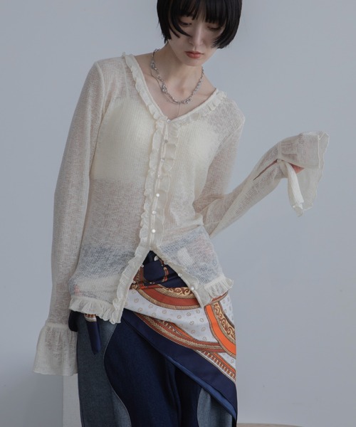 激レア　ブルーガール　ビーズ刺繍立体フリルカーディガン　S相当 ビジューパールニットショート丈カーディガン[an1467