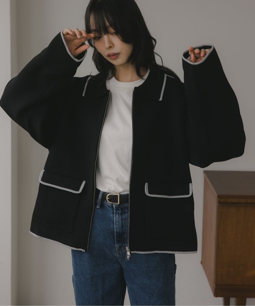 210nouve（トゥージュヌーブ）の「スポンディッシュ 配色 ジップニットカーディガン（カーディガン/ボレロ・レディース・ブラック/ブラウン/チャコールグレー/アイボリー・FREE）」の2枚目の写真