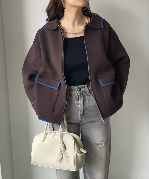 210nouve（トゥージュヌーブ）の「スポンディッシュ 配色 ジップニットカーディガン（カーディガン/ボレロ・レディース・ブラック/ブラウン/チャコールグレー/アイボリー・FREE）」の15枚目の写真