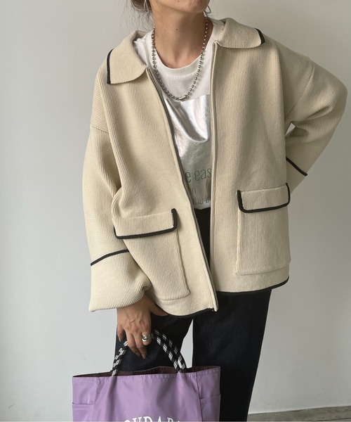 210nouve（トゥージュヌーブ）の「スポンディッシュ 配色 ジップニットカーディガン（カーディガン/ボレロ・レディース・ブラック/ブラウン/チャコールグレー/アイボリー・FREE）」の18枚目の写真