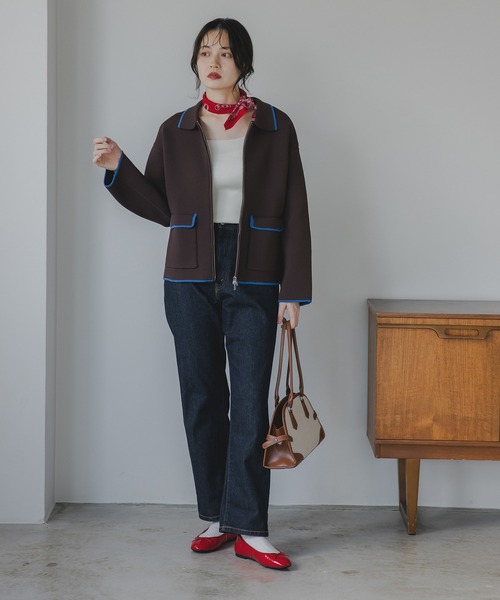 210nouve（トゥージュヌーブ）の「スポンディッシュ 配色 ジップニットカーディガン（カーディガン/ボレロ・レディース・ブラック/ブラウン/チャコールグレー/アイボリー・FREE）」の6枚目の写真