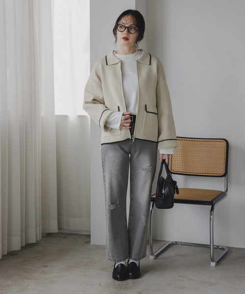 210nouve（トゥージュヌーブ）の「スポンディッシュ 配色 ジップニットカーディガン（カーディガン/ボレロ・レディース・ブラック/ブラウン/チャコールグレー/アイボリー・FREE）」の9枚目の写真