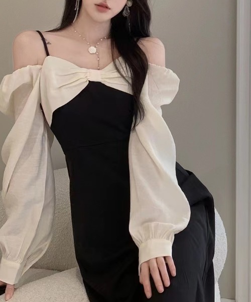 Mejoul（メジュール）の「【2025秋冬新作】【2WAY】オフショルスクエアネックバイカラーリボンワンピース（ワンピース・レディース・ブラック・M/L）」の10枚目の写真