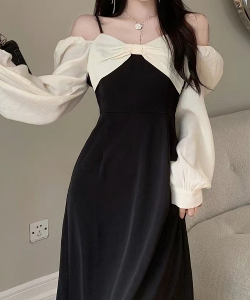 Mejoul（メジュール）の「【2025秋冬新作】【2WAY】オフショルスクエアネックバイカラーリボンワンピース（ワンピース・レディース・ブラック・M/L）」の7枚目の写真