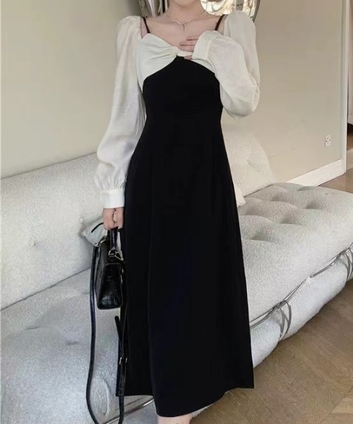 Mejoul（メジュール）の「【2025秋冬新作】【2WAY】オフショルスクエアネックバイカラーリボンワンピース（ワンピース・レディース・ブラック・M/L）」の11枚目の写真