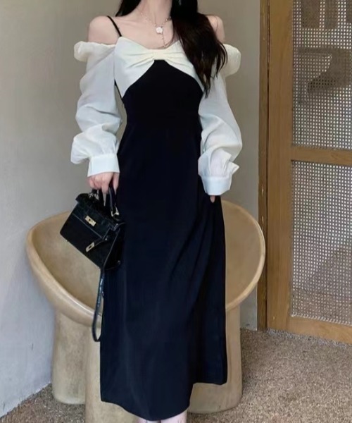 Mejoul（メジュール）の「【2025秋冬新作】【2WAY】オフショルスクエアネックバイカラーリボンワンピース（ワンピース・レディース・ブラック・M/L）」の12枚目の写真