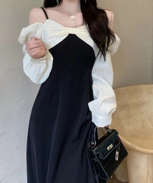 Mejoul（メジュール）の「【2025秋冬新作】【2WAY】オフショルスクエアネックバイカラーリボンワンピース（ワンピース・レディース・ブラック・M/L）」の13枚目の写真