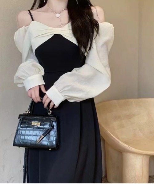 Mejoul（メジュール）の「【2025秋冬新作】【2WAY】オフショルスクエアネックバイカラーリボンワンピース（ワンピース・レディース・ブラック・M/L）」の14枚目の写真