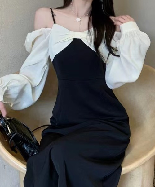 Mejoul（メジュール）の「【2025秋冬新作】【2WAY】オフショルスクエアネックバイカラーリボンワンピース（ワンピース・レディース・ブラック・M/L）」の16枚目の写真